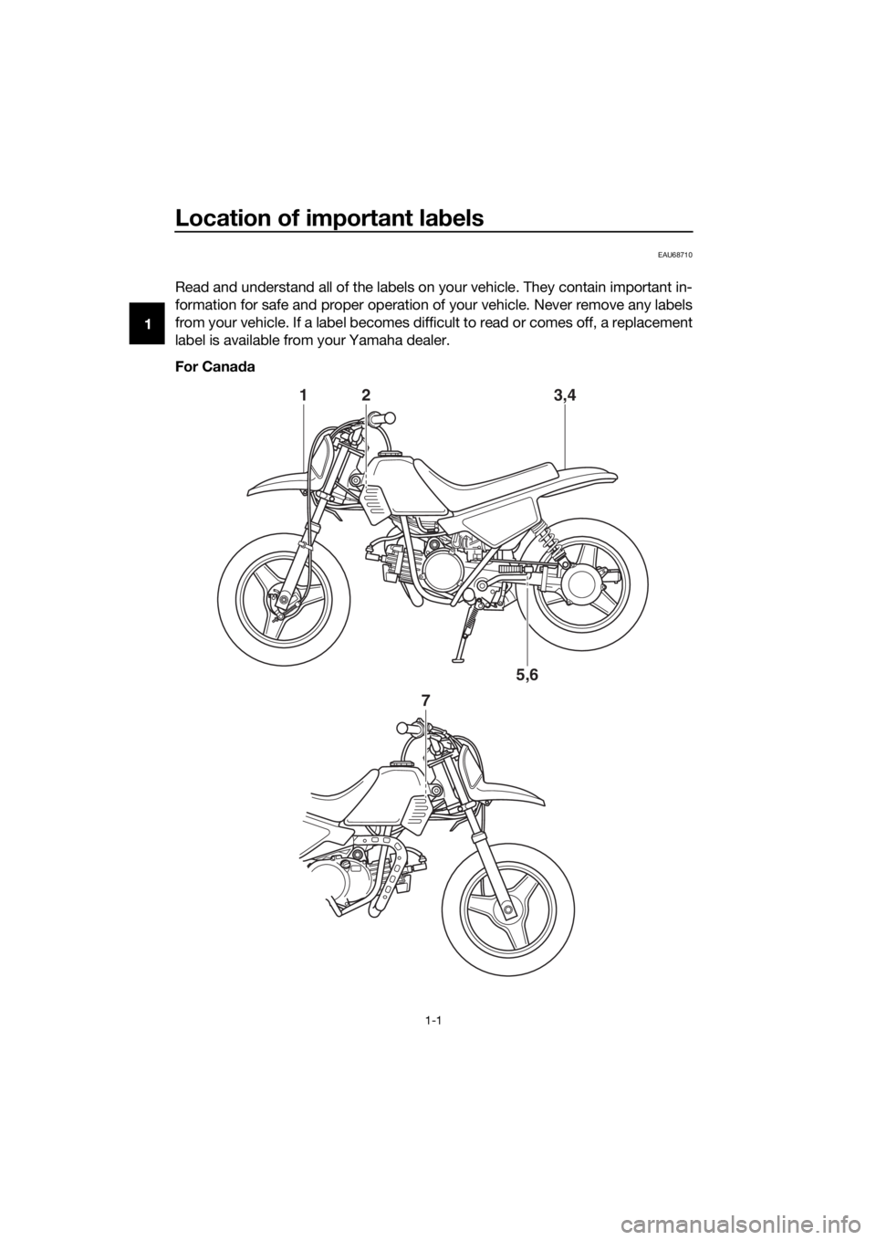 YAMAHA PW50 2022  Owners Manual Location of important labels
1-1
1
EAU68710
Read and understand all of the labels on your vehicle. They contain important in-
formation for safe and proper operation of your vehicle. Never remove any 