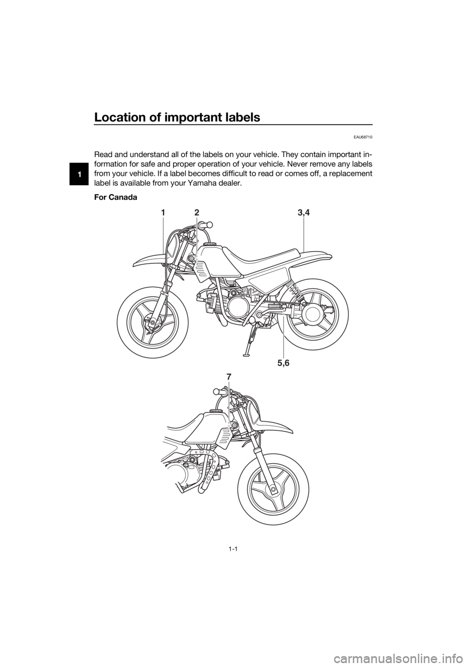 YAMAHA PW50 2022 Owners Manual Location of important labels
1-1
1
EAU68710
Read and understand all of the labels on your vehicle. They contain important in-
formation for safe and proper operation of your vehicle. Never remove any YAMAHA PW50 2022 Owners Manual Location of important labels
1-1
1
EAU68710
Read and understand all of the labels on your vehicle. They contain important in-
formation for safe and proper operation of your vehicle. Never remove any