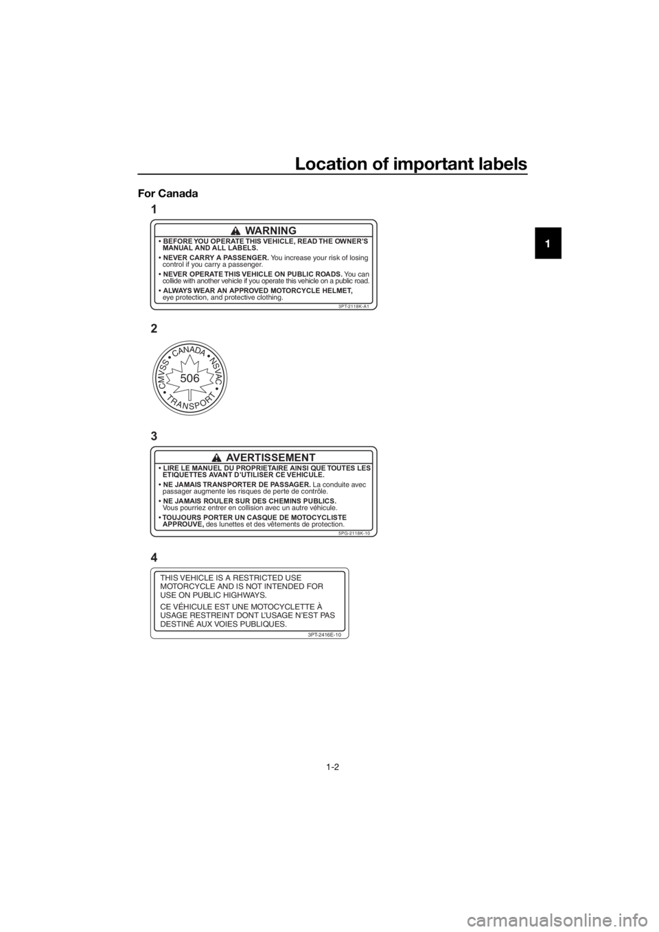YAMAHA PW50 2021 User Guide Location of important labels
1-2
1
For Cana
da
THIS VEHICLE IS A RESTRICTED USE
MOTORCYCLE AND IS NOT INTENDED FOR
USE ON PUBLIC HIGHWAYS.
CE VÉHICULE EST UNE MOTOCYCLETTE À
USAGE RESTREINT DONT L