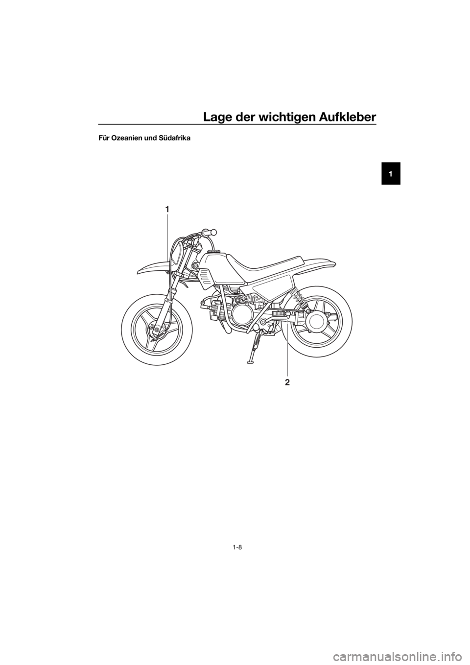 YAMAHA PW50 2021 Betriebsanleitungen (in German) Lage der wichti gen Aufkle ber
1-8
1
Für Ozeanien un d S üd afrika
1
2
U2SA87G0.book Page 8 Tuesday, March 31, 2020 11:35 AM YAMAHA PW50 2021 Betriebsanleitungen (in German) Lage der wichti gen Aufkle ber
1-8
1
Für Ozeanien un d S üd afrika
1
2
U2SA87G0.book Page 8 Tuesday, March 31, 2020 11:35 AM