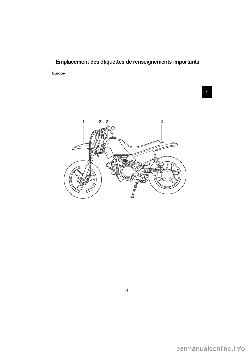 YAMAHA PW50 2019  Notices Demploi (in French) Emplacement des étiquettes  de renseignements importants
1-4
1
Europe
4321
U2SA85F0.book  Page 4  Thursday, May 10, 2018  3:21 PM 