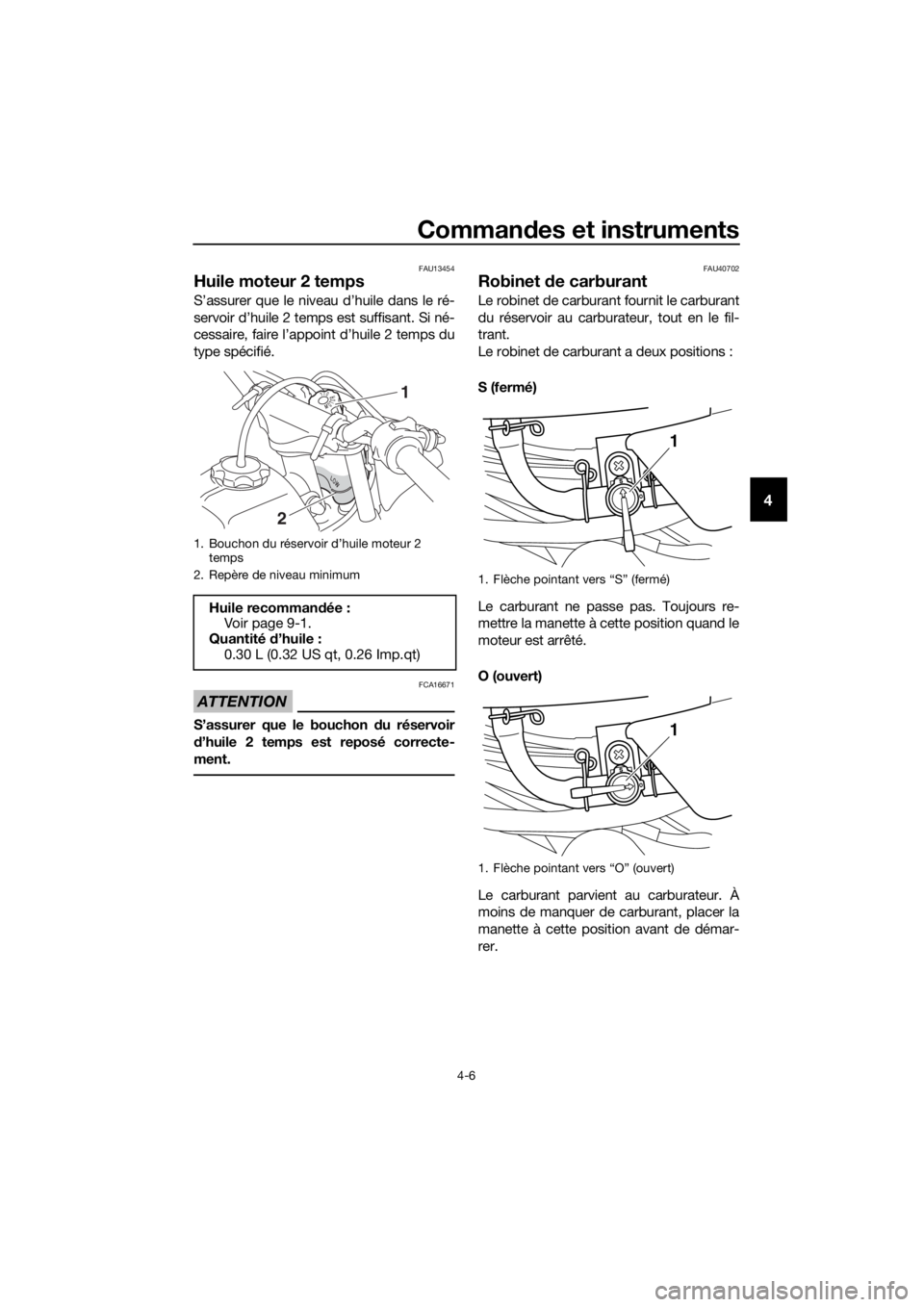 YAMAHA PW50 2019  Notices Demploi (in French) Commandes et instruments
4-6
4
FAU13454
Huile moteur 2 temps
S’assurer que le niveau d’huile dans le ré-
servoir d’huile 2 temps est suffisant. Si né-
cessaire, faire l’appoint d’huile 2 t