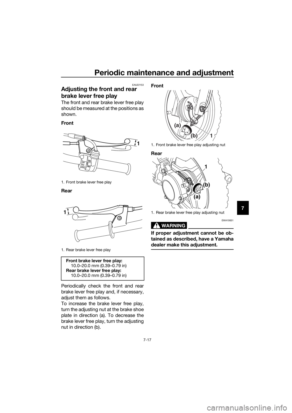 YAMAHA PW50 2018 Workshop Manual Periodic maintenance an d a djustment
7-17
7
EAU22153
A djustin g the front an d rear
b rake lever free play
The front and rear brake lever free play
should be measured at the positions as
shown.
Fro YAMAHA PW50 2018 Workshop Manual Periodic maintenance an d a djustment
7-17
7
EAU22153
A djustin g the front an d rear
b rake lever free play
The front and rear brake lever free play
should be measured at the positions as
shown.
Fro