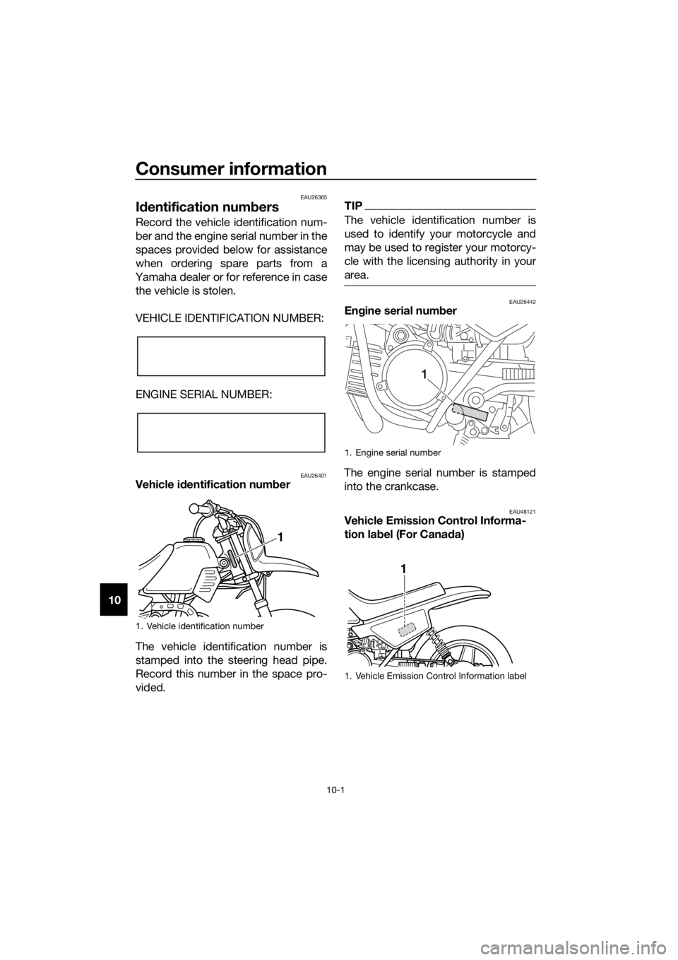 YAMAHA PW50 2018 Manual PDF Consumer information
10-1
10
EAU26365
Id entification num bers
Record the vehicle identification num-
ber and the engine serial number in the
spaces provided below for assistance
when ordering spare p YAMAHA PW50 2018 Manual PDF Consumer information
10-1
10
EAU26365
Id entification num bers
Record the vehicle identification num-
ber and the engine serial number in the
spaces provided below for assistance
when ordering spare p