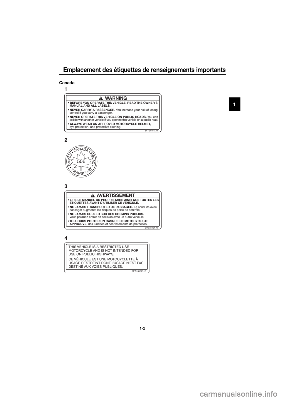YAMAHA PW50 2018 Notices Demploi (in French) Emplacement des étiquettes de renseignements importants
1-2
1
Cana da
THIS VEHICLE IS A RESTRICTED USE
MOTORCYCLE AND IS NOT I NTENDED FOR
USE ON PUBLIC HIGHWAYS.
CE VÉHICULE EST UNE MOTOCYCLETTE YAMAHA PW50 2018 Notices Demploi (in French) Emplacement des étiquettes de renseignements importants
1-2
1
Cana da
THIS VEHICLE IS A RESTRICTED USE
MOTORCYCLE AND IS NOT I NTENDED FOR
USE ON PUBLIC HIGHWAYS.
CE VÉHICULE EST UNE MOTOCYCLETTE