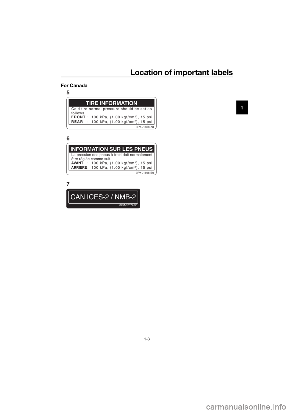 YAMAHA PW50 2017 User Guide Location of important labels
1-3
1
For Cana
daTIRE INFORMATION
Cold tire normal pressure should be set as
follows.
FRONT
REAR : 100 kPa, {1.00 kgf/cm²}, 15 psi
: 100 kPa, {1.00 kgf/cm²}, 15 psi
3R YAMAHA PW50 2017 User Guide Location of important labels
1-3
1
For Cana
daTIRE INFORMATION
Cold tire normal pressure should be set as
follows.
FRONT
REAR : 100 kPa, {1.00 kgf/cm²}, 15 psi
: 100 kPa, {1.00 kgf/cm²}, 15 psi
3R