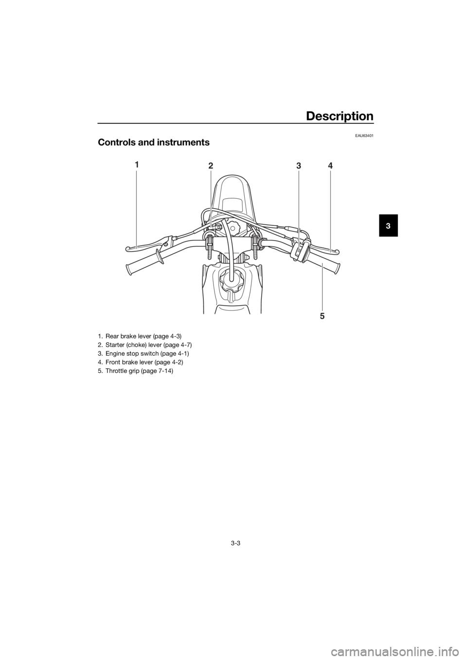 YAMAHA PW50 2017 Owners Manual Description
3-3
3
EAU63401
Controls and instruments
1
234
5
1. Rear brake lever (page 4-3)
2. Starter (choke) lever (page 4-7)
3. Engine stop switch (page 4-1)
4. Front brake lever (page 4-2)
5. Throt YAMAHA PW50 2017 Owners Manual Description
3-3
3
EAU63401
Controls and instruments
1
234
5
1. Rear brake lever (page 4-3)
2. Starter (choke) lever (page 4-7)
3. Engine stop switch (page 4-1)
4. Front brake lever (page 4-2)
5. Throt