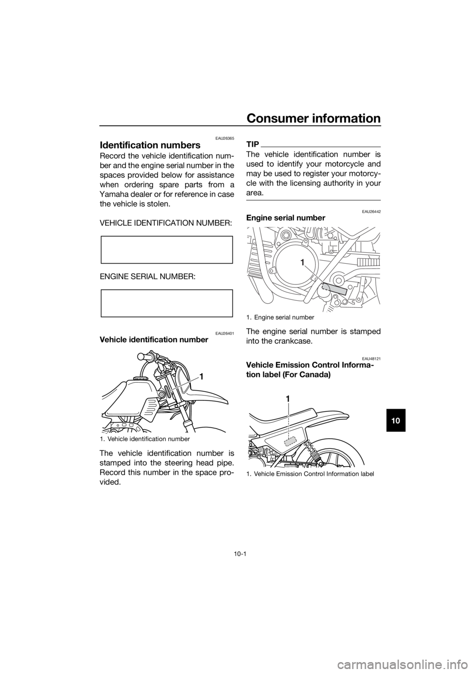 YAMAHA PW50 2017 Manual PDF Consumer information
10-1
10
EAU26365
Id entification num bers
Record the vehicle identification num-
ber and the engine serial number in the
spaces provided below for assistance
when ordering spare p YAMAHA PW50 2017 Manual PDF Consumer information
10-1
10
EAU26365
Id entification num bers
Record the vehicle identification num-
ber and the engine serial number in the
spaces provided below for assistance
when ordering spare p