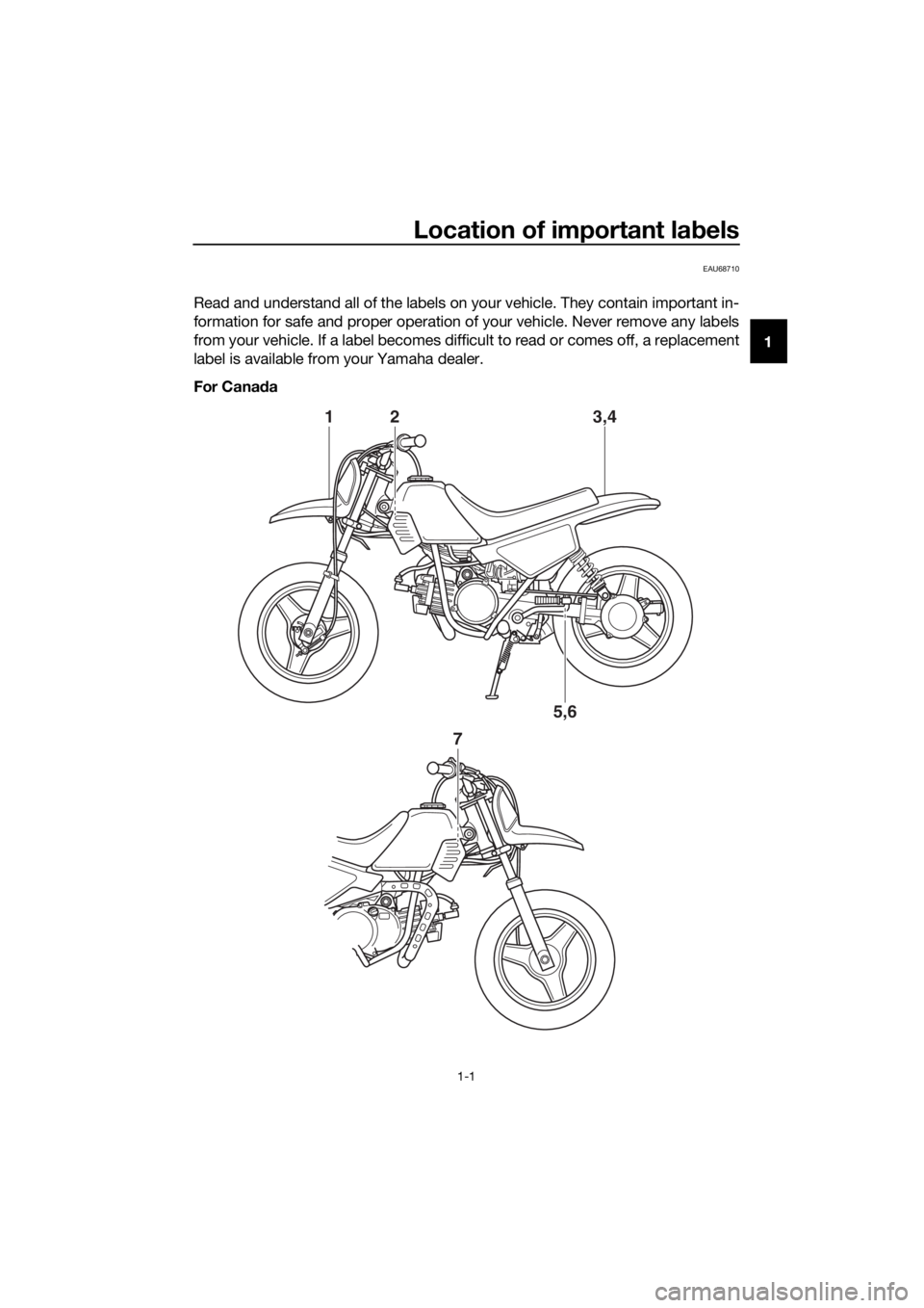 YAMAHA PW50 2017 Owners Manual Location of important labels
1-1
1
EAU68710
Read and understand all of the labels on your vehicle. They contain important in-
formation for safe and proper operation of your vehicle. Never remove any YAMAHA PW50 2017 Owners Manual Location of important labels
1-1
1
EAU68710
Read and understand all of the labels on your vehicle. They contain important in-
formation for safe and proper operation of your vehicle. Never remove any