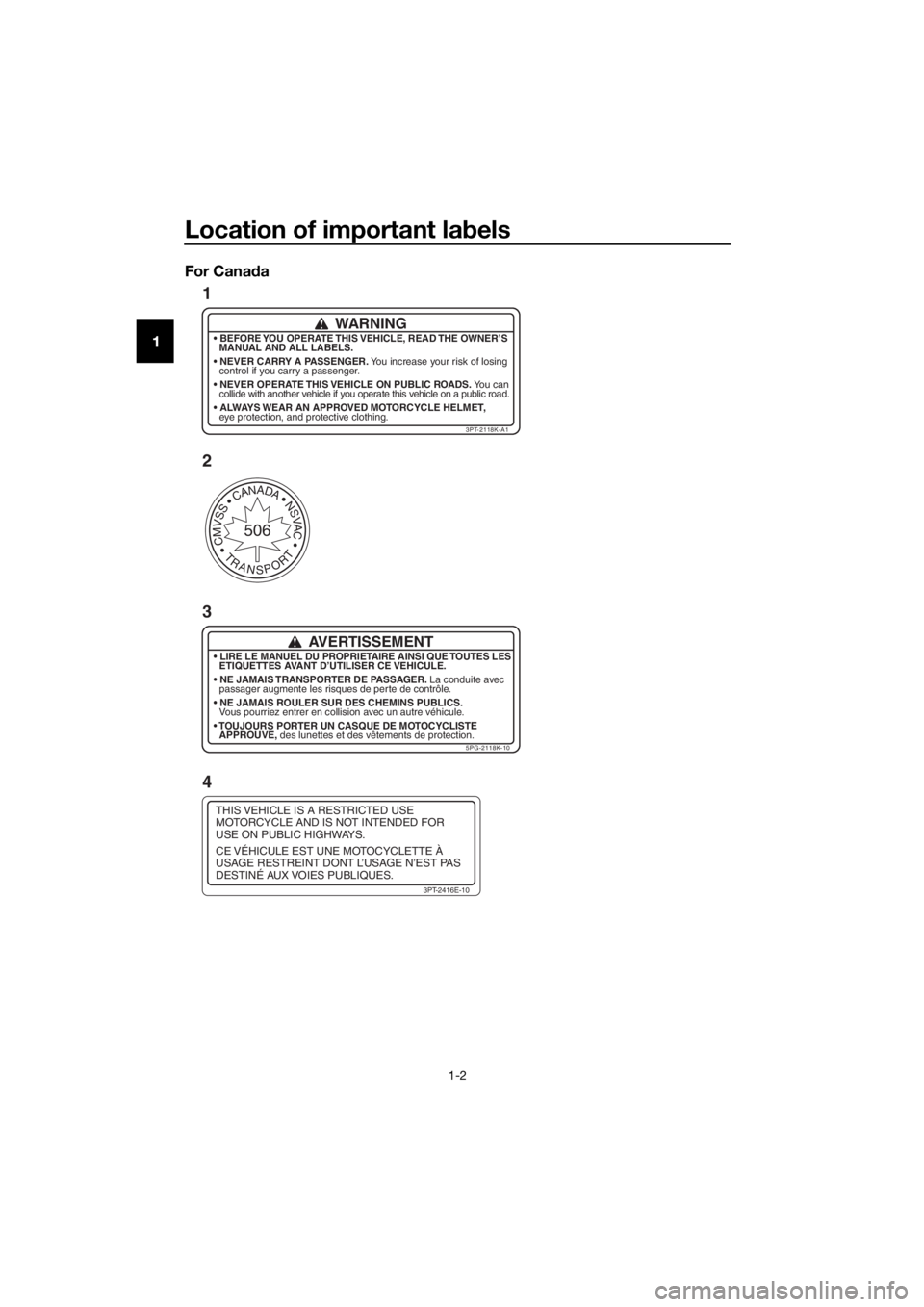 YAMAHA PW50 2017 Owners Manual Location of important labels
1-2
1 For Cana
da
THIS VEHICLE IS A RESTRICTED USE
MOTORCYCLE AND IS NOT INTENDED FOR
USE ON PUBLIC HIGHWAYS.
CE VÉHICULE EST UNE MOTOCYCLETTE À
USAGE RESTREINT DONT L YAMAHA PW50 2017 Owners Manual Location of important labels
1-2
1 For Cana
da
THIS VEHICLE IS A RESTRICTED USE
MOTORCYCLE AND IS NOT INTENDED FOR
USE ON PUBLIC HIGHWAYS.
CE VÉHICULE EST UNE MOTOCYCLETTE À
USAGE RESTREINT DONT L