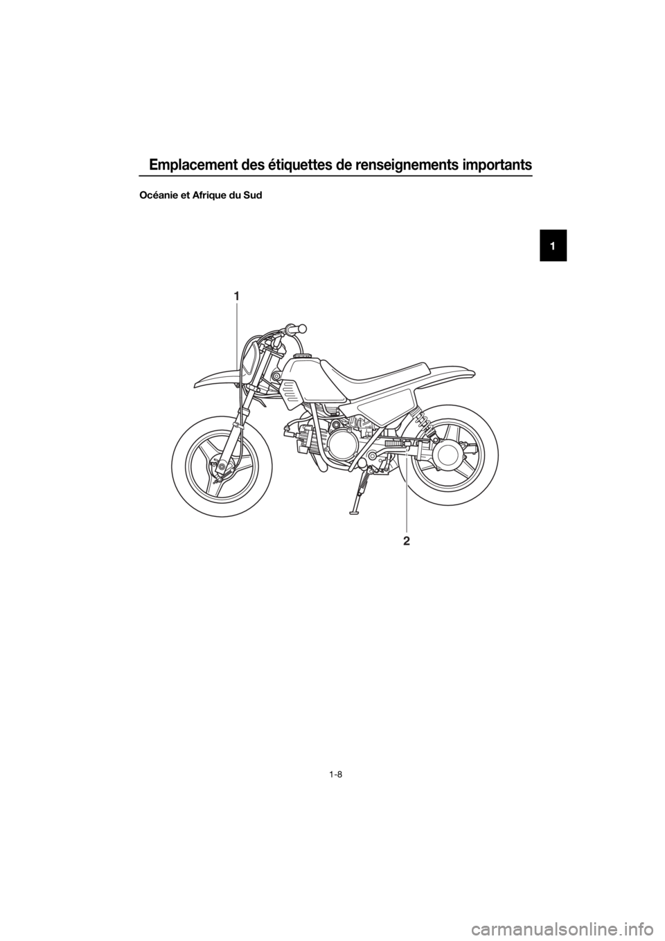 YAMAHA PW50 2017 Notices Demploi (in French) Emplacement des étiquettes de renseignements importants
1-8
1
Océanie et Afrique du Su d
1
2
U2SA83F0.book Page 8 Wednesday, July 6, 2016 1:02 PM YAMAHA PW50 2017 Notices Demploi (in French) Emplacement des étiquettes de renseignements importants
1-8
1
Océanie et Afrique du Su d
1
2
U2SA83F0.book Page 8 Wednesday, July 6, 2016 1:02 PM
