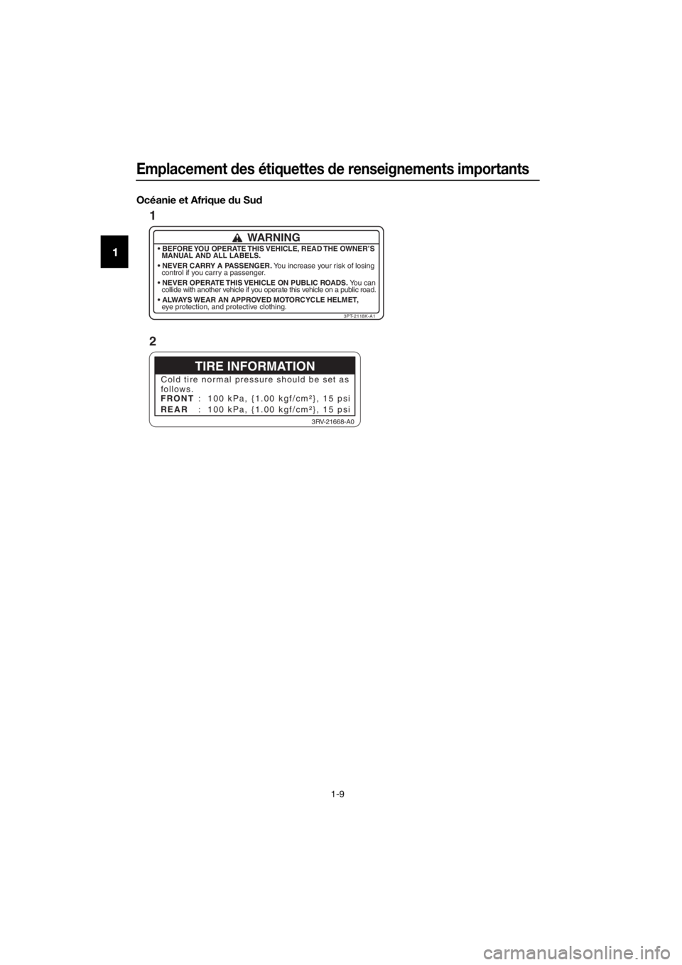 YAMAHA PW50 2017 Notices Demploi (in French) Emplacement des étiquettes de renseignements importants
1-9
1
Océanie et Afrique d u Sud
TIRE INFORMATION
Cold tire normal pressure should be set as
follows.
FRONT
REAR : 100 kPa, {1.00 kgf/cm²}, YAMAHA PW50 2017 Notices Demploi (in French) Emplacement des étiquettes de renseignements importants
1-9
1
Océanie et Afrique d u Sud
TIRE INFORMATION
Cold tire normal pressure should be set as
follows.
FRONT
REAR : 100 kPa, {1.00 kgf/cm²},