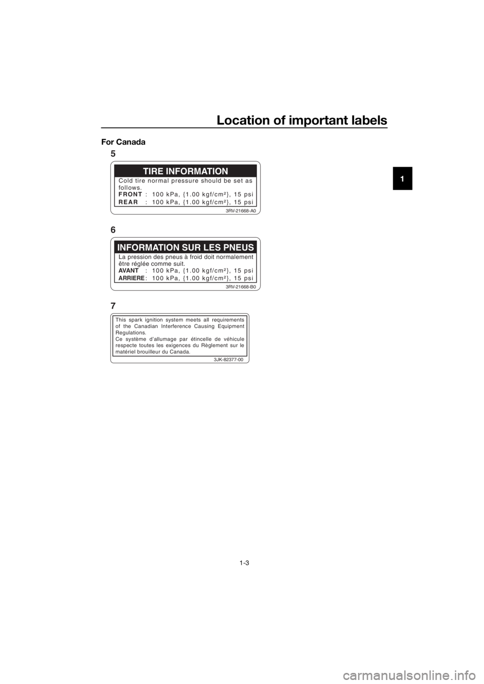YAMAHA PW50 2016 User Guide Location of important labels
1-3
1
For Cana
daTIRE INFORMATION
Cold tire normal pressure should be set as
follows.
FRONT
REAR : 100 kPa, {1.00 kgf/cm²}, 15 psi
: 100 kPa, {1.00 kgf/cm²}, 15 psi
3R YAMAHA PW50 2016 User Guide Location of important labels
1-3
1
For Cana
daTIRE INFORMATION
Cold tire normal pressure should be set as
follows.
FRONT
REAR : 100 kPa, {1.00 kgf/cm²}, 15 psi
: 100 kPa, {1.00 kgf/cm²}, 15 psi
3R