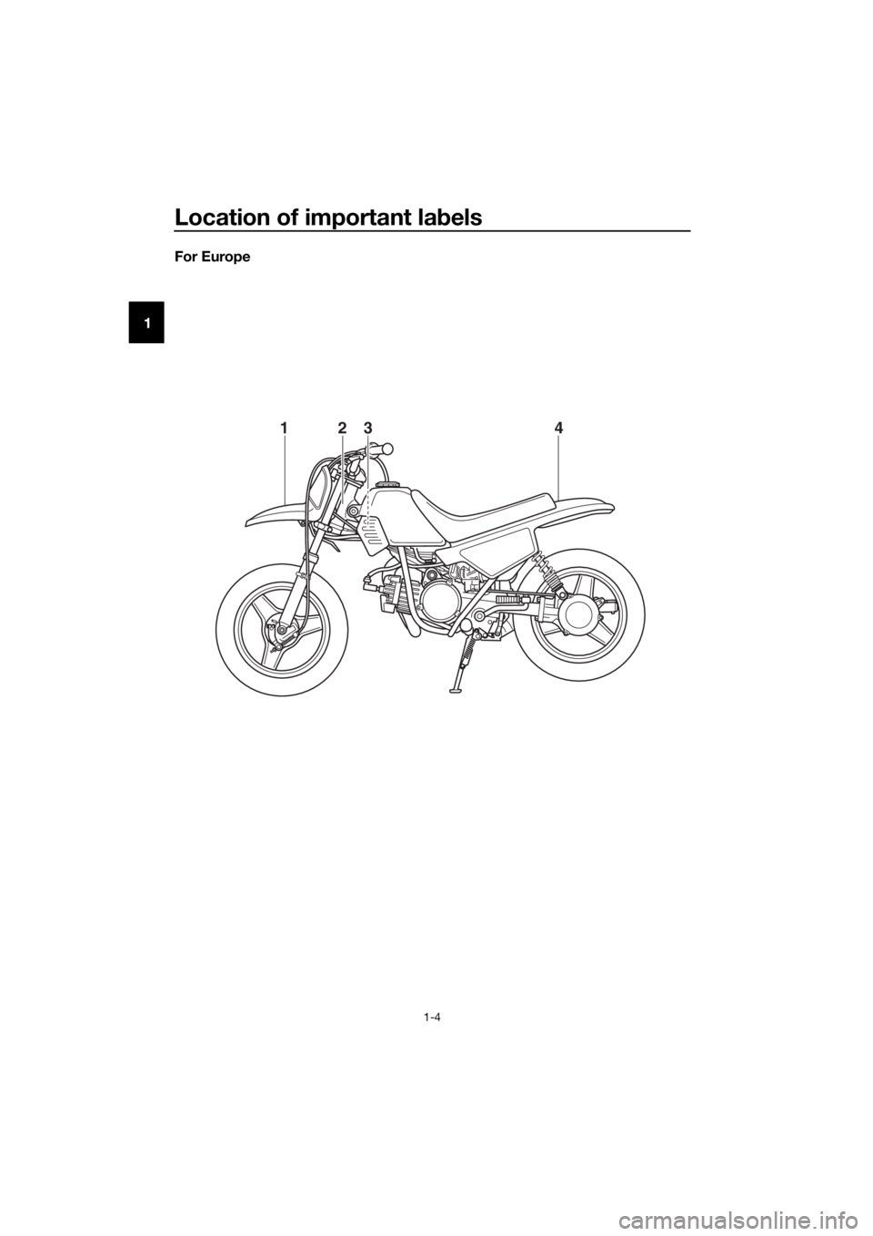 YAMAHA PW50 2016 User Guide Location of important labels
1-4
1 For Europe
4321
U2SA82E0.book Page 4 Monday, June 8, 2015 1:09 PM YAMAHA PW50 2016 User Guide Location of important labels
1-4
1 For Europe
4321
U2SA82E0.book Page 4 Monday, June 8, 2015 1:09 PM