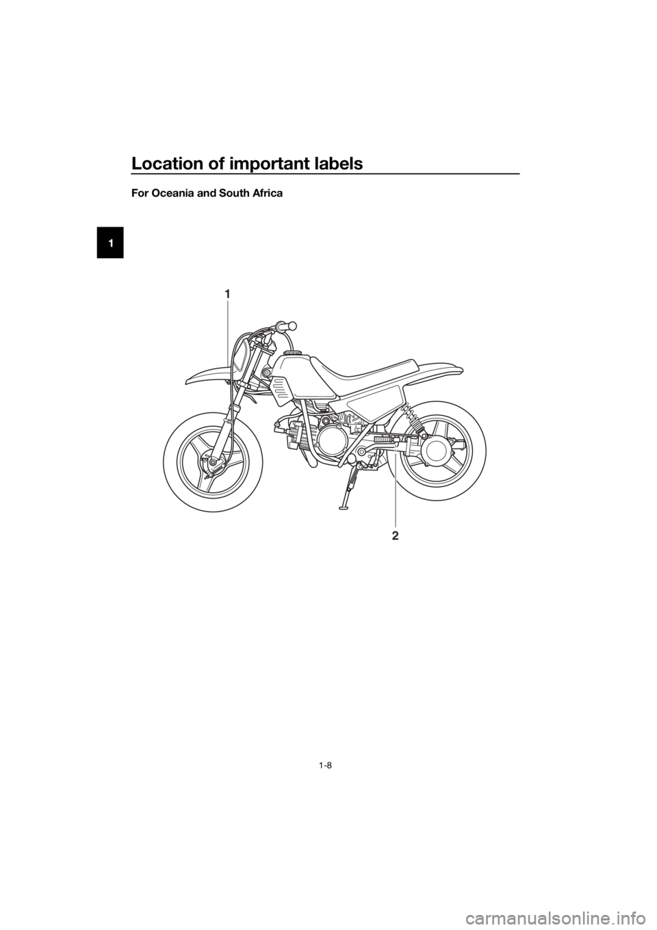 YAMAHA PW50 2016 User Guide Location of important labels
1-8
1 For Oceania an
d South Africa
1
2
U2SA82E0.book Page 8 Monday, June 8, 2015 1:09 PM YAMAHA PW50 2016 User Guide Location of important labels
1-8
1 For Oceania an
d South Africa
1
2
U2SA82E0.book Page 8 Monday, June 8, 2015 1:09 PM