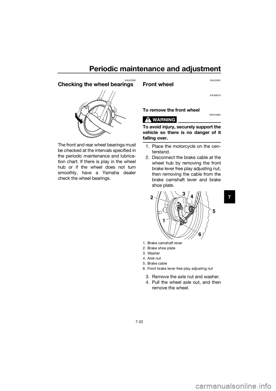 YAMAHA PW50 2016  Owners Manual Periodic maintenance an d a djustment
7-22
7
EAU23292
Checkin g the wheel b earings
The front and rear wheel bearings must
be checked at the intervals specified in
the periodic maintenance and lubrica