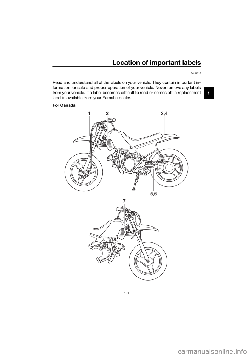 YAMAHA PW50 2016  Owners Manual Location of important labels
1-1
1
EAU68710
Read and understand all of the labels on your vehicle. They contain important in-
formation for safe and proper operation of your vehicle. Never remove any 