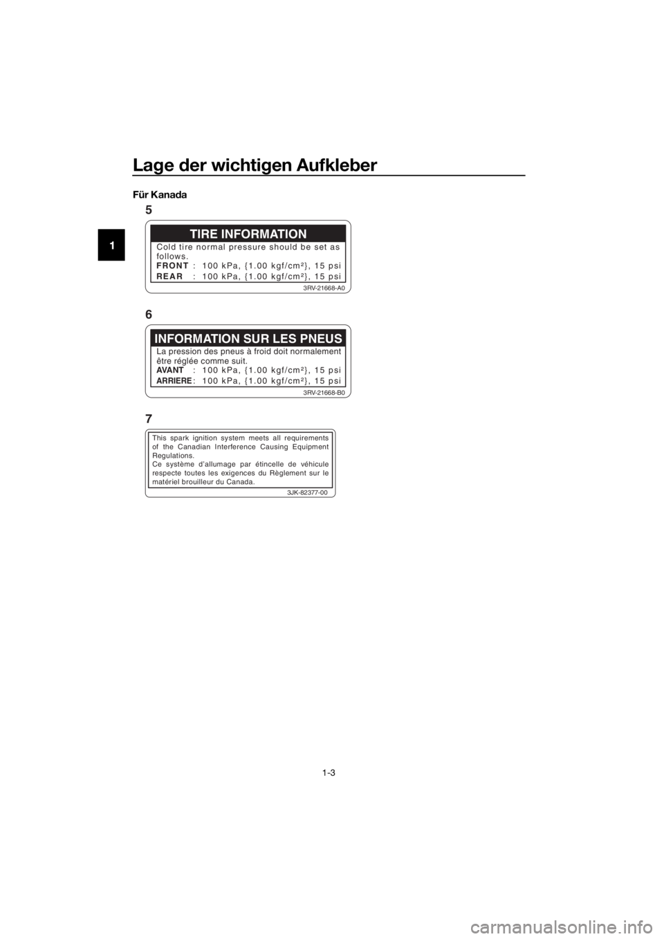 YAMAHA PW50 2016 Betriebsanleitungen (in German) Lage der wichti gen Aufkle ber
1-3
1
Für Kana da
TIRE INFORMATION
Cold tire normal pressure should be set as
follows.
FRONT
REAR : 100 kPa, {1.00 kgf/cm²}, 15 psi
: 100 kPa, {1.00 kgf/cm²}, 15 p YAMAHA PW50 2016 Betriebsanleitungen (in German) Lage der wichti gen Aufkle ber
1-3
1
Für Kana da
TIRE INFORMATION
Cold tire normal pressure should be set as
follows.
FRONT
REAR : 100 kPa, {1.00 kgf/cm²}, 15 psi
: 100 kPa, {1.00 kgf/cm²}, 15 p