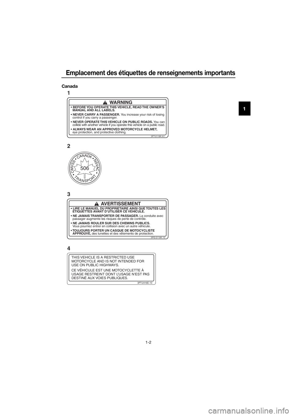 YAMAHA PW50 2016  Notices Demploi (in French) Emplacement des étiquettes  de renseignements importants
1-2
1
Cana da
THIS VEHICLE IS A RESTRICTED USE
MOTORCYCLE AND IS NOT INTENDED FOR
USE ON PUBLIC HIGHWAYS.
CE VÉHICULE EST UNE MOTOCYCLETTE À