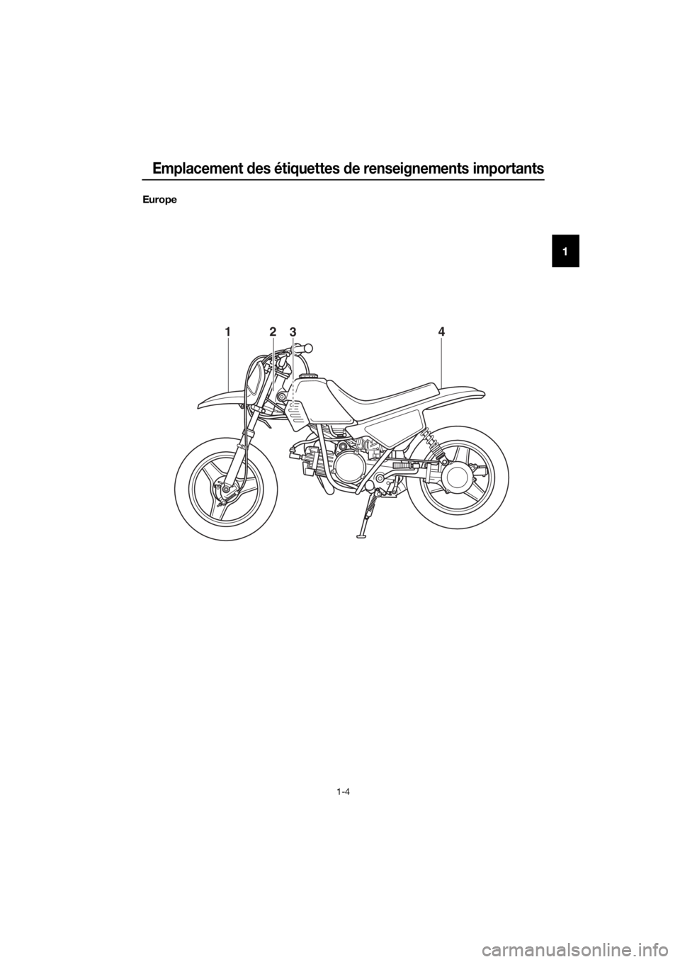 YAMAHA PW50 2016  Notices Demploi (in French) Emplacement des étiquettes  de renseignements importants
1-4
1
Europe
4321
U2SA82F0.book  Page 4  Monday, June 8, 2015  1:44 PM 