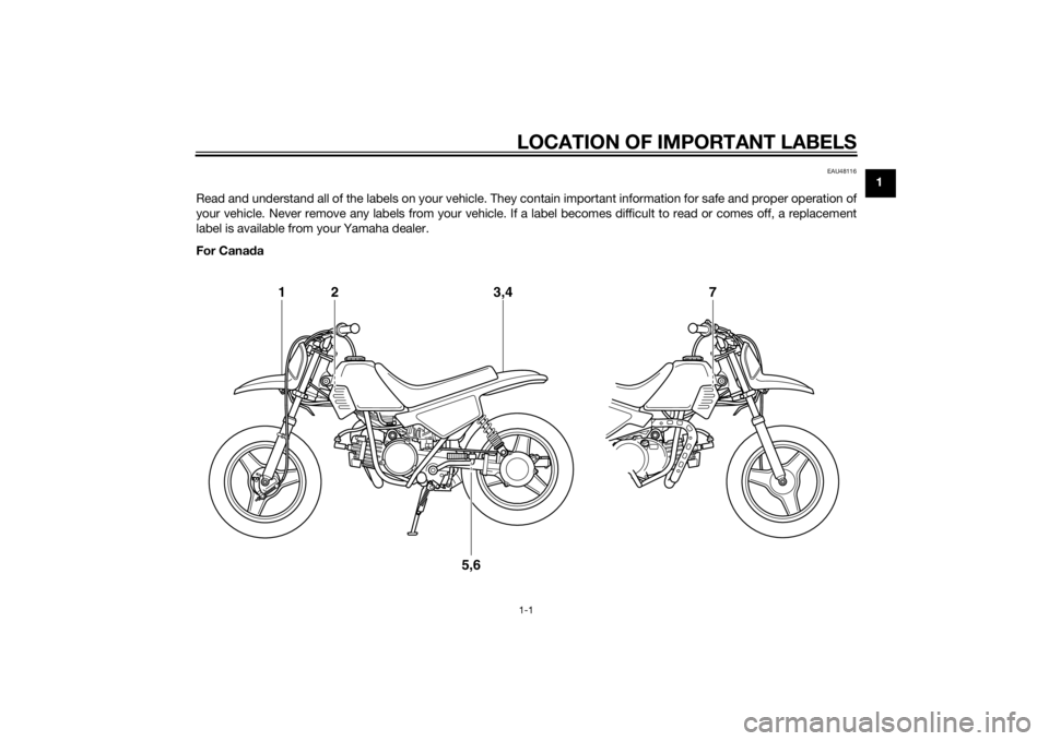 YAMAHA PW50 2015 User Guide LOCATION OF IMPORTANT LABELS1-1
1
EAU48116
Read and understand all of the labels on your vehicle. They contain important information for safe and proper operation of
your vehicle. Never remove any lab