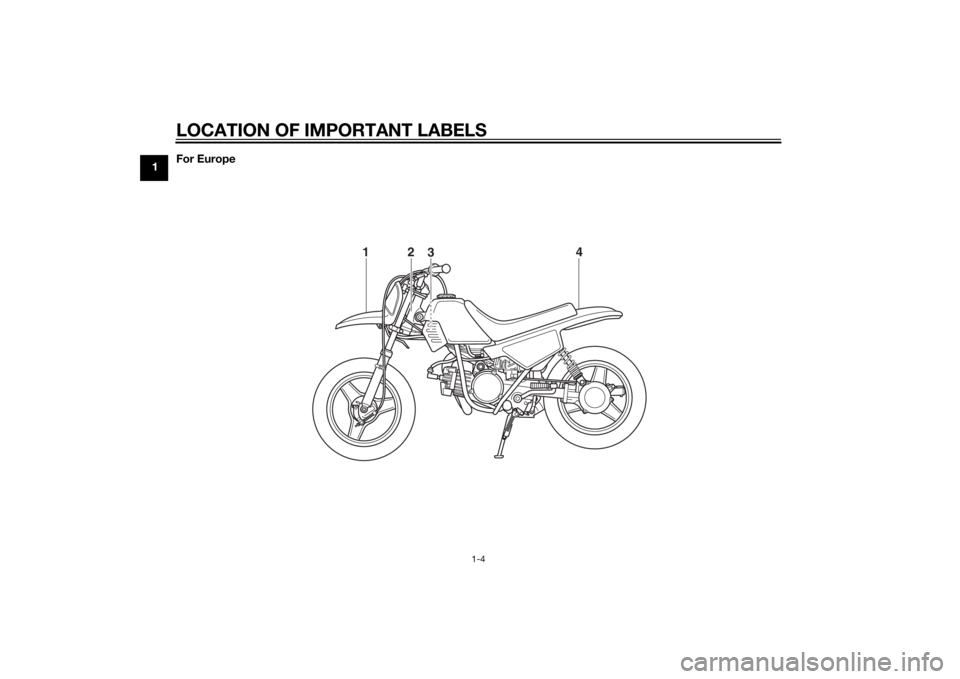 YAMAHA PW50 2015 User Guide LOCATION OF IMPORTANT LABELS
1-4
1For Europe
4
3
2
1
U2SA81E0.book  Page 4  Monday, June 2, 2014  2:00 PM 