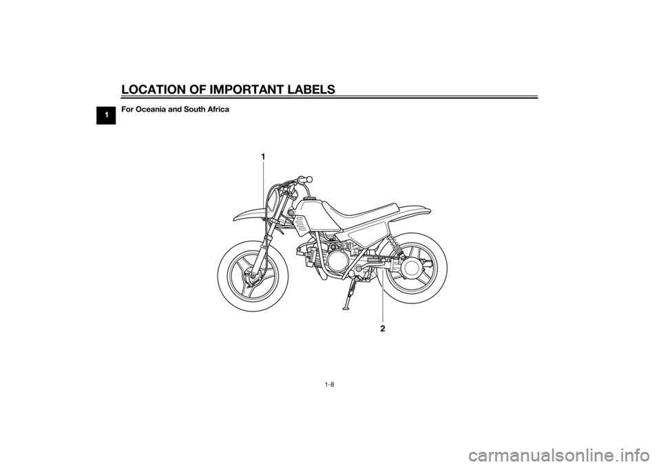 YAMAHA PW50 2015 User Guide LOCATION OF IMPORTANT LABELS
1-8
1For Oceania an
d South Africa
1
2
U2SA81E0.book  Page 8  Monday, June 2, 2014  2:00 PM 