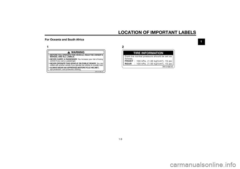 YAMAHA PW50 2015 User Guide LOCATION OF IMPORTANT LABELS1-9
1
For Oceania an
d South Africa
TIRE INFORMATION
Cold tire normal pressure should be set as
follows.
FRONT
REAR :  100 kPa, {1.00 kgf/cm²}, 15 psi
:  100 kPa, {1.00 kg