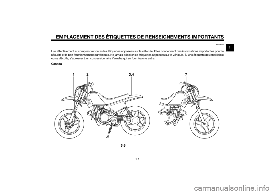 YAMAHA PW50 2015  Notices Demploi (in French) EMPLACEMENT DES ÉTIQUETTES DE RENSEIGNEMENTS IMPORTANTS
1-1
1
FAU48116
Lire attentivement et comprendre toutes les étiquettes apposées sur le véhicule. Elles contiennent des informations important