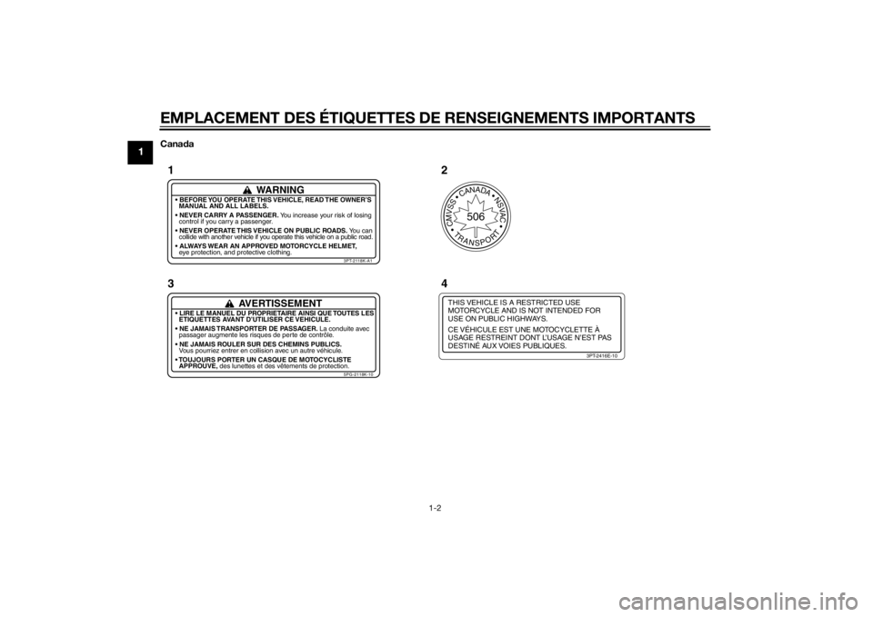 YAMAHA PW50 2015  Notices Demploi (in French) EMPLACEMENT DES ÉTIQUETTES DE RENSEIGNEMENTS IMPORTANTS
1-2
1
Canada
THIS VEHICLE IS A RESTRICTED USE
MOTORCYCLE AND IS NOT INTENDED FOR
USE ON PUBLIC HIGHWAYS.
CE VÉHICULE EST UNE MOTOCYCLETTE À
U