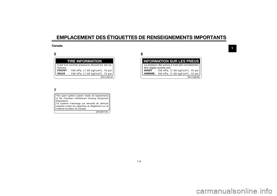 YAMAHA PW50 2015 Notices Demploi (in French) EMPLACEMENT DES ÉTIQUETTES DE RENSEIGNEMENTS IMPORTANTS
1-3
1
Canada
TIRE INFORMATION
Cold tire normal pressure should be set as
follows.
FRONT
REAR : 100 kPa, {1.00 kgf/cm²}, 15 psi
: 100 kPa, {1 YAMAHA PW50 2015 Notices Demploi (in French) EMPLACEMENT DES ÉTIQUETTES DE RENSEIGNEMENTS IMPORTANTS
1-3
1
Canada
TIRE INFORMATION
Cold tire normal pressure should be set as
follows.
FRONT
REAR : 100 kPa, {1.00 kgf/cm²}, 15 psi
: 100 kPa, {1