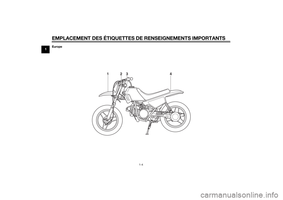YAMAHA PW50 2015 Notices Demploi (in French) EMPLACEMENT DES ÉTIQUETTES DE RENSEIGNEMENTS IMPORTANTS
1-4
1
Europe
4
3
2
1
U2SA81F0.book Page 4 Thursday, May 29, 2014 4:03 PM YAMAHA PW50 2015 Notices Demploi (in French) EMPLACEMENT DES ÉTIQUETTES DE RENSEIGNEMENTS IMPORTANTS
1-4
1
Europe
4
3
2
1
U2SA81F0.book Page 4 Thursday, May 29, 2014 4:03 PM