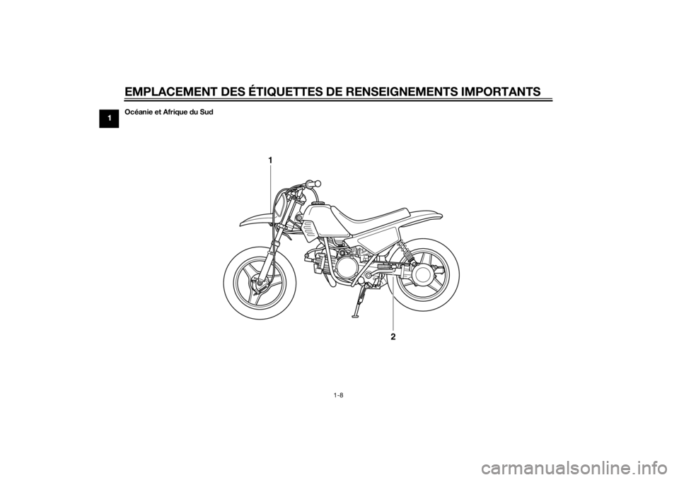 YAMAHA PW50 2015 Notices Demploi (in French) EMPLACEMENT DES ÉTIQUETTES DE RENSEIGNEMENTS IMPORTANTS
1-8
1
Océanie et Afrique du Su d
1
2
U2SA81F0.book Page 8 Thursday, May 29, 2014 4:03 PM YAMAHA PW50 2015 Notices Demploi (in French) EMPLACEMENT DES ÉTIQUETTES DE RENSEIGNEMENTS IMPORTANTS
1-8
1
Océanie et Afrique du Su d
1
2
U2SA81F0.book Page 8 Thursday, May 29, 2014 4:03 PM