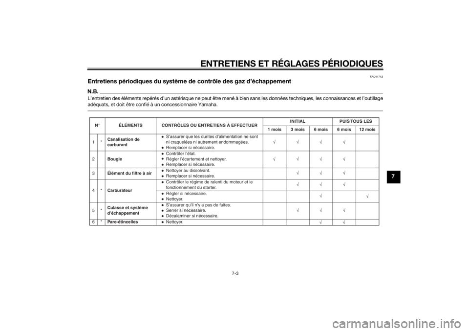 YAMAHA PW50 2015  Notices Demploi (in French) ENTRETIENS ET RÉGLAGES PÉRIODIQUES
7-3
7
FAU41743
Entretiens périodiques  du système d e contrôle des gaz  d’échappementN.B.L’entretien des éléments repérés d’un astérisque ne peut ê