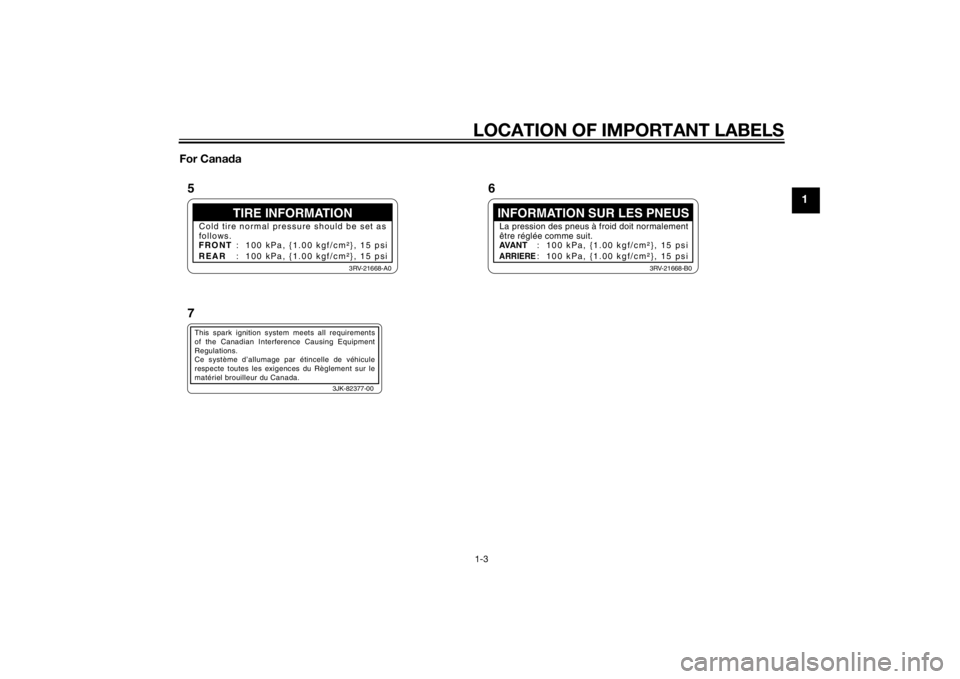 YAMAHA PW50 2014 User Guide LOCATION OF IMPORTANT LABELS1-3
1
For Cana
da
TIRE INFORMATION
Cold tire normal pressure should be set as
follows.
FRONT
REAR :  100 kPa, {1.00 kgf/cm²}, 15 psi
:  100 kPa, {1.00 kgf/cm²}, 15 psi
3R