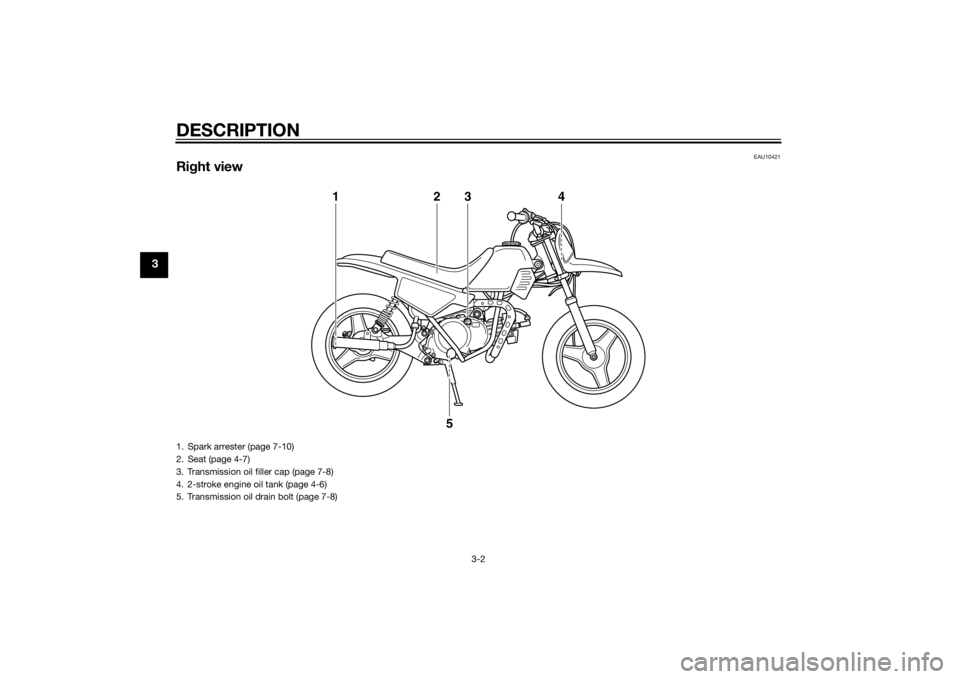 YAMAHA PW50 2014 Owners Manual DESCRIPTION
3-2
3
EAU10421
Right view
1
2
3
4
5
1. Spark arrester (page 7-10)
2. Seat (page 4-7)
3. Transmission oil filler cap (page 7-8)
4. 2-stroke engine oil tank (page 4-6)
5. Transmission oil dr YAMAHA PW50 2014 Owners Manual DESCRIPTION
3-2
3
EAU10421
Right view
1
2
3
4
5
1. Spark arrester (page 7-10)
2. Seat (page 4-7)
3. Transmission oil filler cap (page 7-8)
4. 2-stroke engine oil tank (page 4-6)
5. Transmission oil dr