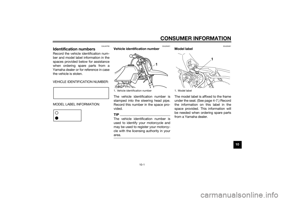 YAMAHA PW50 2014 Manual PDF CONSUMER INFORMATION
10-1
10
EAU40793
Id entification num bersRecord the vehicle identification num-
ber and model label information in the
spaces provided below for assistance
when ordering spare par