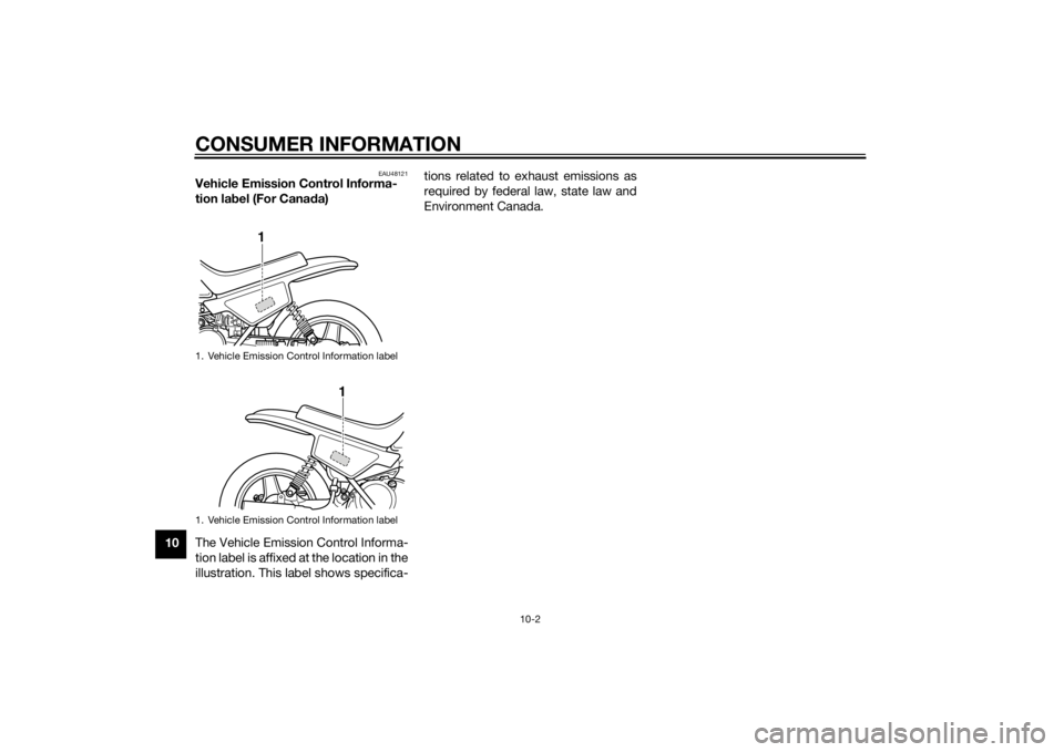 YAMAHA PW50 2014 Manual PDF CONSUMER INFORMATION
10-2
10
EAU48121
Vehicle Emission Control Informa-
tion label (For Canad a)
The Vehicle Emission Control Informa-
tion label is affixed at the location in the
illustration. This l