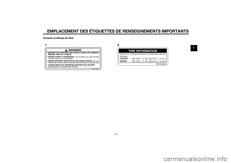 YAMAHA PW50 2014 Notices Demploi (in French) EMPLACEMENT DES ÉTIQUETTES DE RENSEIGNEMENTS IMPORTANTS
1-9
1
Océanie et Afrique du Su d
TIRE INFORMATION
Cold tire normal pressure should be set as
follows.
FRONT
REAR : 100 kPa, {1.00 kgf/cm²}, YAMAHA PW50 2014 Notices Demploi (in French) EMPLACEMENT DES ÉTIQUETTES DE RENSEIGNEMENTS IMPORTANTS
1-9
1
Océanie et Afrique du Su d
TIRE INFORMATION
Cold tire normal pressure should be set as
follows.
FRONT
REAR : 100 kPa, {1.00 kgf/cm²},