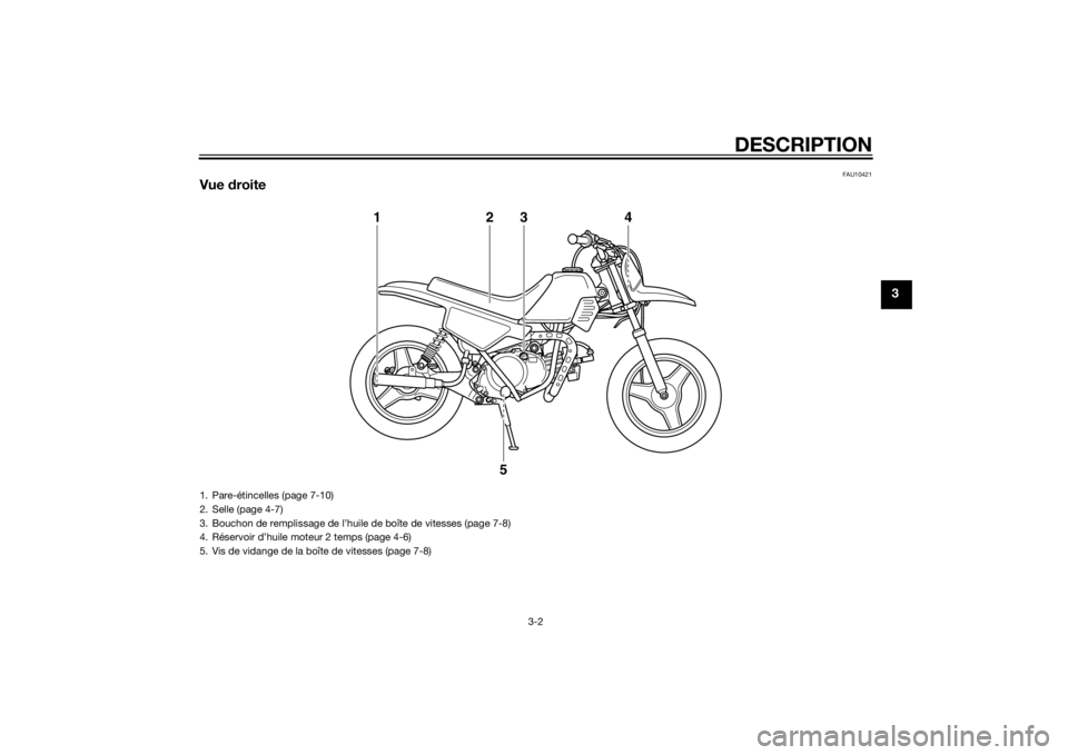 YAMAHA PW50 2014 Notices Demploi (in French) DESCRIPTION
3-2
3
FAU10421
Vue droite
1
2
3
4
5
1. Pare-étincelles (page 7-10)
2. Selle (page 4-7)
3. Bouchon de remplissage de l’huile de boîte de vitesses (page 7-8)
4. Réservoir d’huile mote YAMAHA PW50 2014 Notices Demploi (in French) DESCRIPTION
3-2
3
FAU10421
Vue droite
1
2
3
4
5
1. Pare-étincelles (page 7-10)
2. Selle (page 4-7)
3. Bouchon de remplissage de l’huile de boîte de vitesses (page 7-8)
4. Réservoir d’huile mote