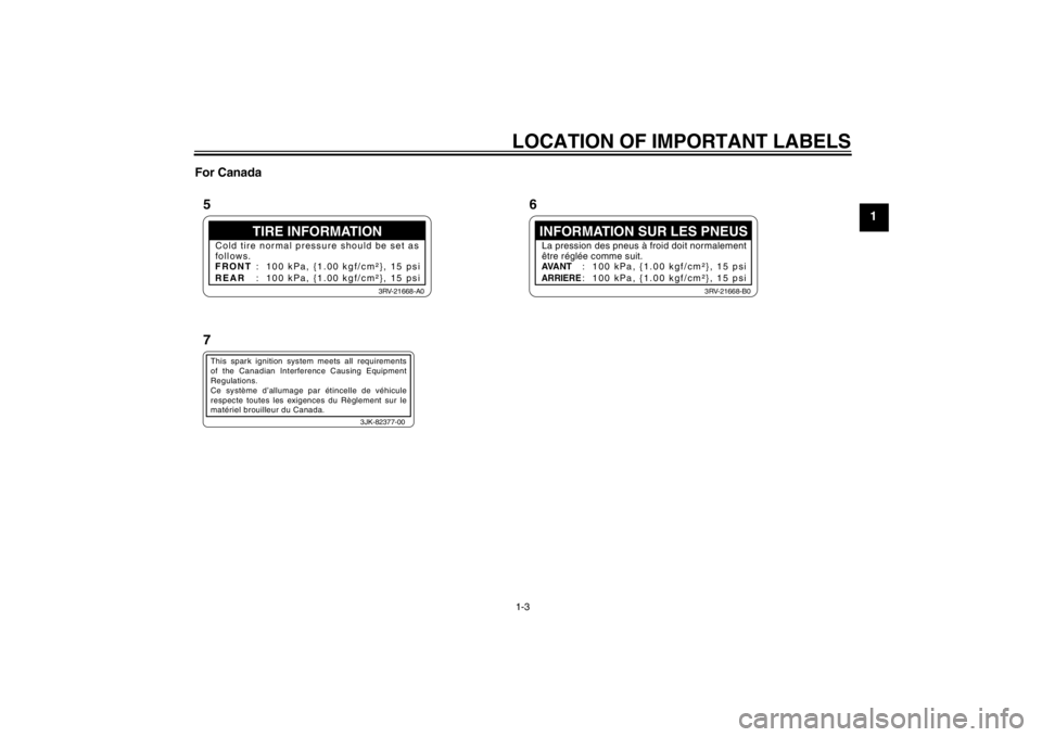 YAMAHA PW50 2013 User Guide LOCATION OF IMPORTANT LABELS1-3
1
For Canada
TIRE INFORMATION
Cold tire normal pressure should be set as
follows.
FRONT
REAR :  100 kPa, {1.00 kgf/cm²}, 15 psi
:  100 kPa, {1.00 kgf/cm²}, 15 psi
3RV