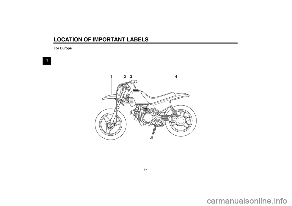 YAMAHA PW50 2013 User Guide LOCATION OF IMPORTANT LABELS
1-4
1For Europe
4
3
2
1
U5PG8BE0.book  Page 4  Wednesday, June 27, 2012  2:53 PM 