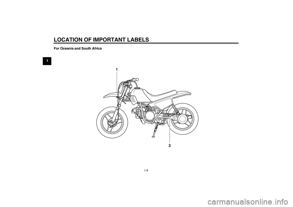 YAMAHA PW50 2013 User Guide LOCATION OF IMPORTANT LABELS
1-8
1For Oceania and South Africa
1
2
U5PG8BE0.book  Page 8  Wednesday, June 27, 2012  2:53 PM 