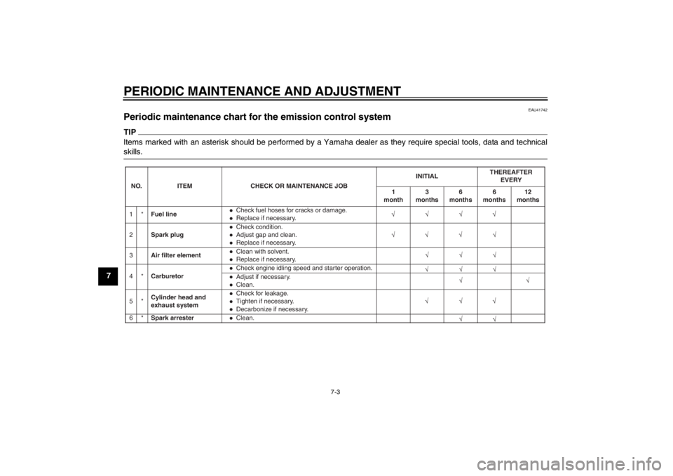 YAMAHA PW50 2013 Service Manual PERIODIC MAINTENANCE AND ADJUSTMENT
7-3
7
EAU41742
Periodic maintenance chart for the emission control system TIPItems marked with an asterisk should be performed by a Yamaha dealer as they require sp YAMAHA PW50 2013 Service Manual PERIODIC MAINTENANCE AND ADJUSTMENT
7-3
7
EAU41742
Periodic maintenance chart for the emission control system TIPItems marked with an asterisk should be performed by a Yamaha dealer as they require sp