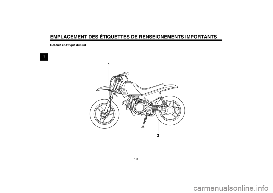 YAMAHA PW50 2013 Notices Demploi (in French) EMPLACEMENT DES ÉTIQUETTES DE RENSEIGNEMENTS IMPORTANTS
1-8
1
Océanie et Afrique du Sud
1
2
U5PG8BF0.book Page 8 Tuesday, June 26, 2012 1:07 PM YAMAHA PW50 2013 Notices Demploi (in French) EMPLACEMENT DES ÉTIQUETTES DE RENSEIGNEMENTS IMPORTANTS
1-8
1
Océanie et Afrique du Sud
1
2
U5PG8BF0.book Page 8 Tuesday, June 26, 2012 1:07 PM