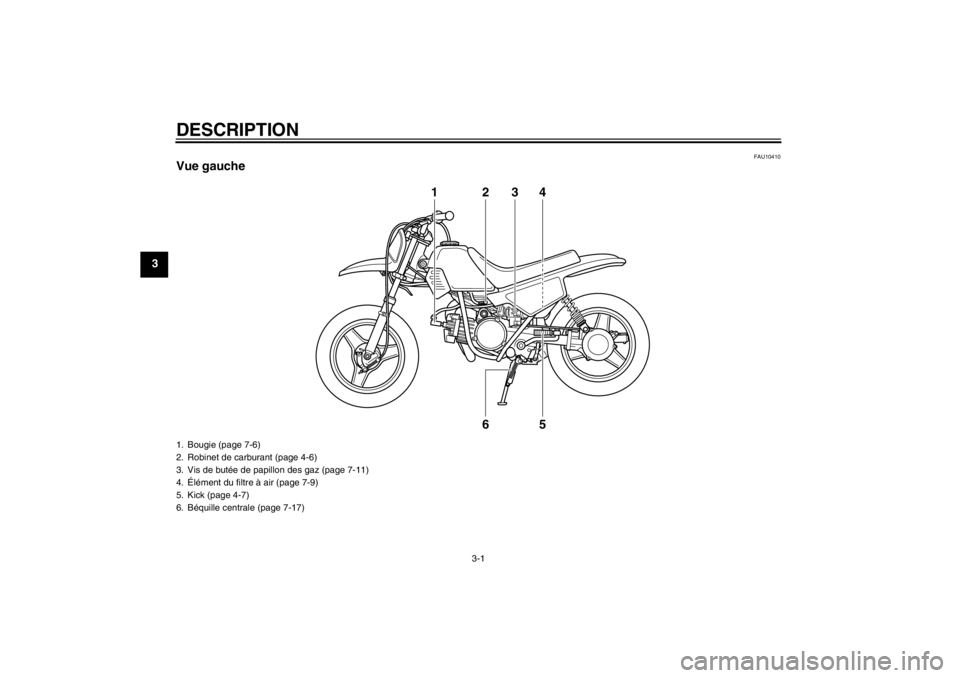 YAMAHA PW50 2013 Notices Demploi (in French) DESCRIPTION
3-1
3
FAU10410
Vue gauche
1
2
3
45
6
1. Bougie (page 7-6)
2. Robinet de carburant (page 4-6)
3. Vis de butée de papillon des gaz (page 7-11)
4. Élément du filtre à air (page 7-9)
5. Ki YAMAHA PW50 2013 Notices Demploi (in French) DESCRIPTION
3-1
3
FAU10410
Vue gauche
1
2
3
45
6
1. Bougie (page 7-6)
2. Robinet de carburant (page 4-6)
3. Vis de butée de papillon des gaz (page 7-11)
4. Élément du filtre à air (page 7-9)
5. Ki