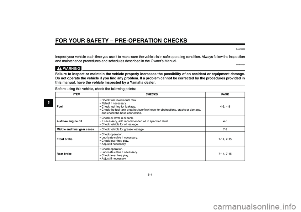 YAMAHA PW50 2011  Owners Manual FOR YOUR SAFETY – PRE-OPERATION CHECKS
5-1
5
EAU15596
Inspect your vehicle each time you use it to make sure the vehicle is in safe operating condition. Always follow the inspection
and maintenance 