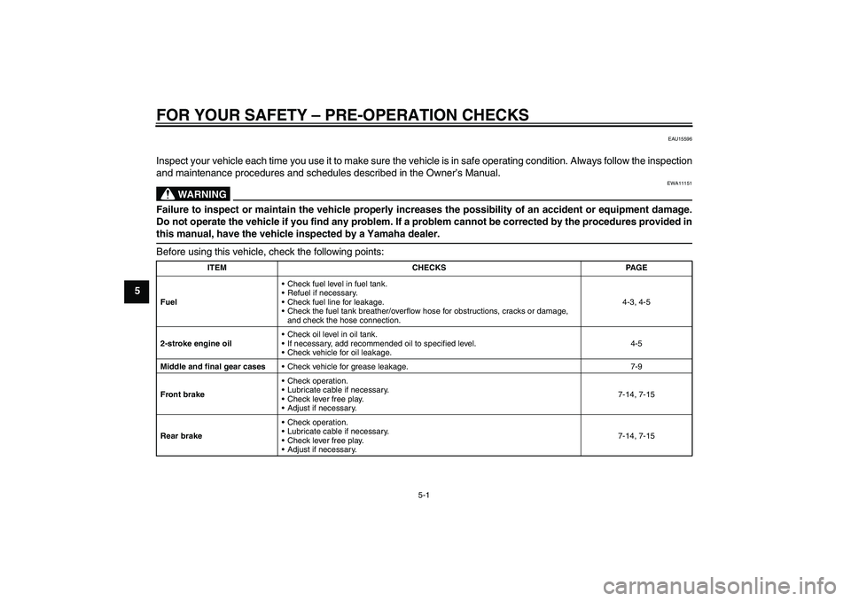 YAMAHA PW50 2011 Owners Guide FOR YOUR SAFETY – PRE-OPERATION CHECKS
5-1
5
EAU15596
Inspect your vehicle each time you use it to make sure the vehicle is in safe operating condition. Always follow the inspection
and maintenance 