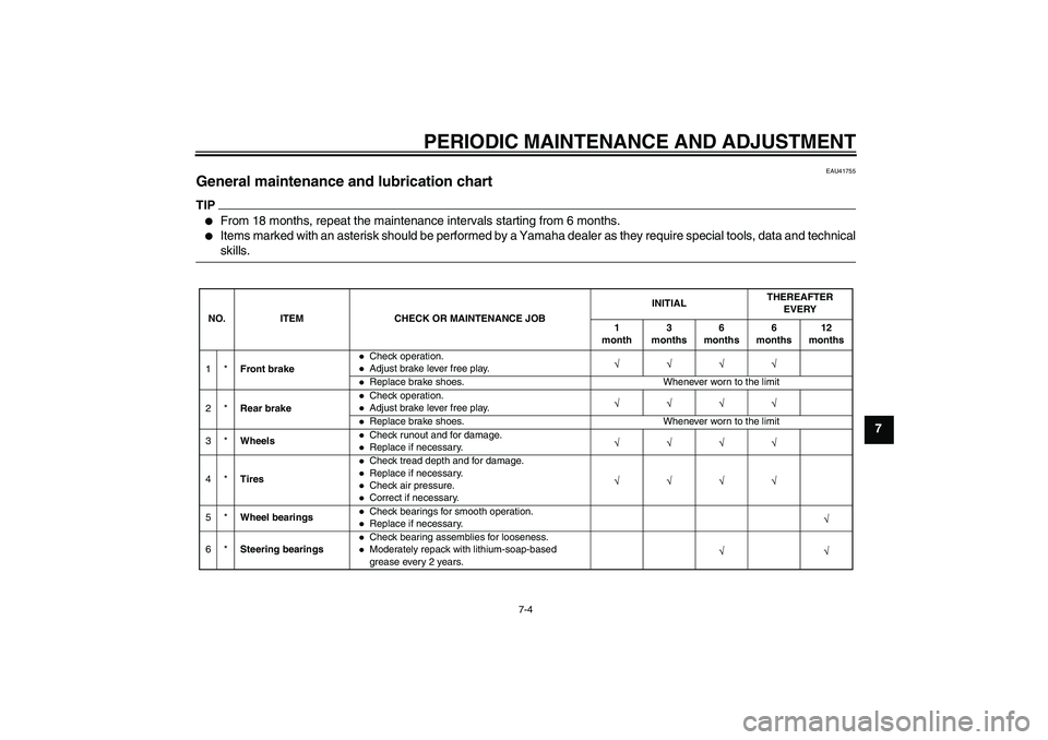 YAMAHA PW50 2011  Owners Manual PERIODIC MAINTENANCE AND ADJUSTMENT
7-4
7
EAU41755
General maintenance and lubrication chart TIP
From 18 months, repeat the maintenance intervals starting from 6 months.

Items marked with an asteri