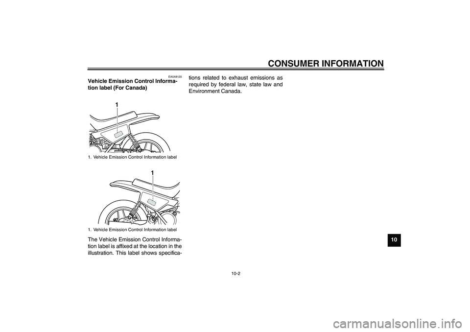 YAMAHA PW50 2011 Manual PDF CONSUMER INFORMATION
10-2
10
EAU48120
Vehicle Emission Control Informa-
tion label (For Canada) 
The Vehicle Emission Control Informa-
tion label is affixed at the location in the
illustration. This l